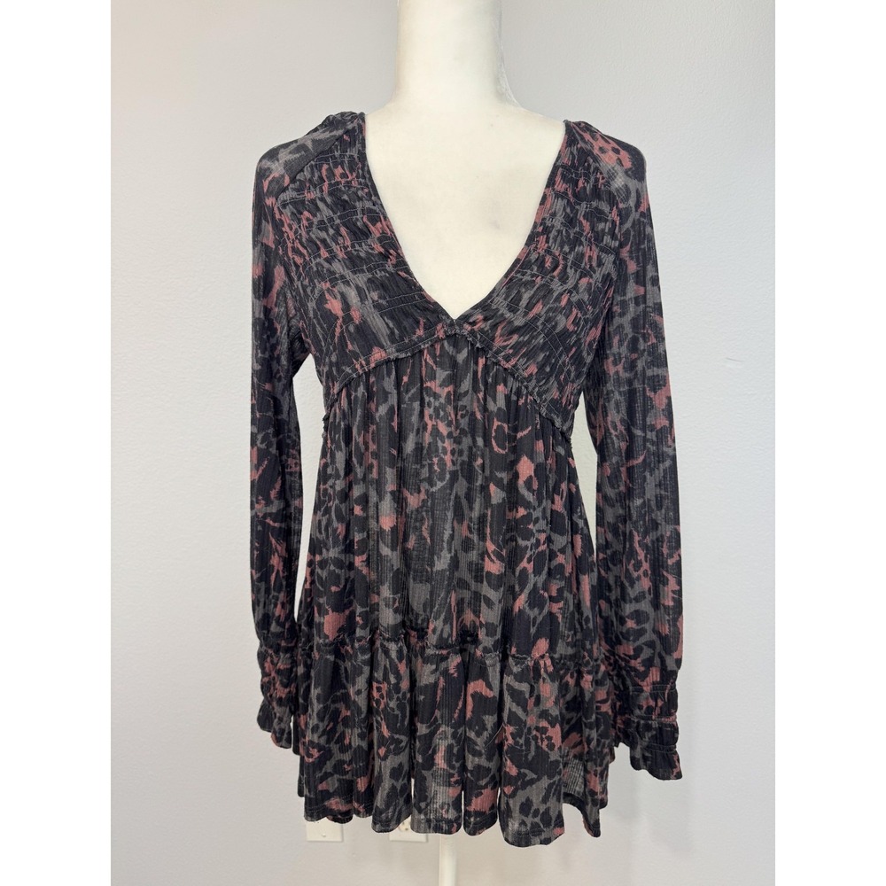 Free People Dark Romance Tunic Women's Small Black Animal Print Long Sleeve Boho